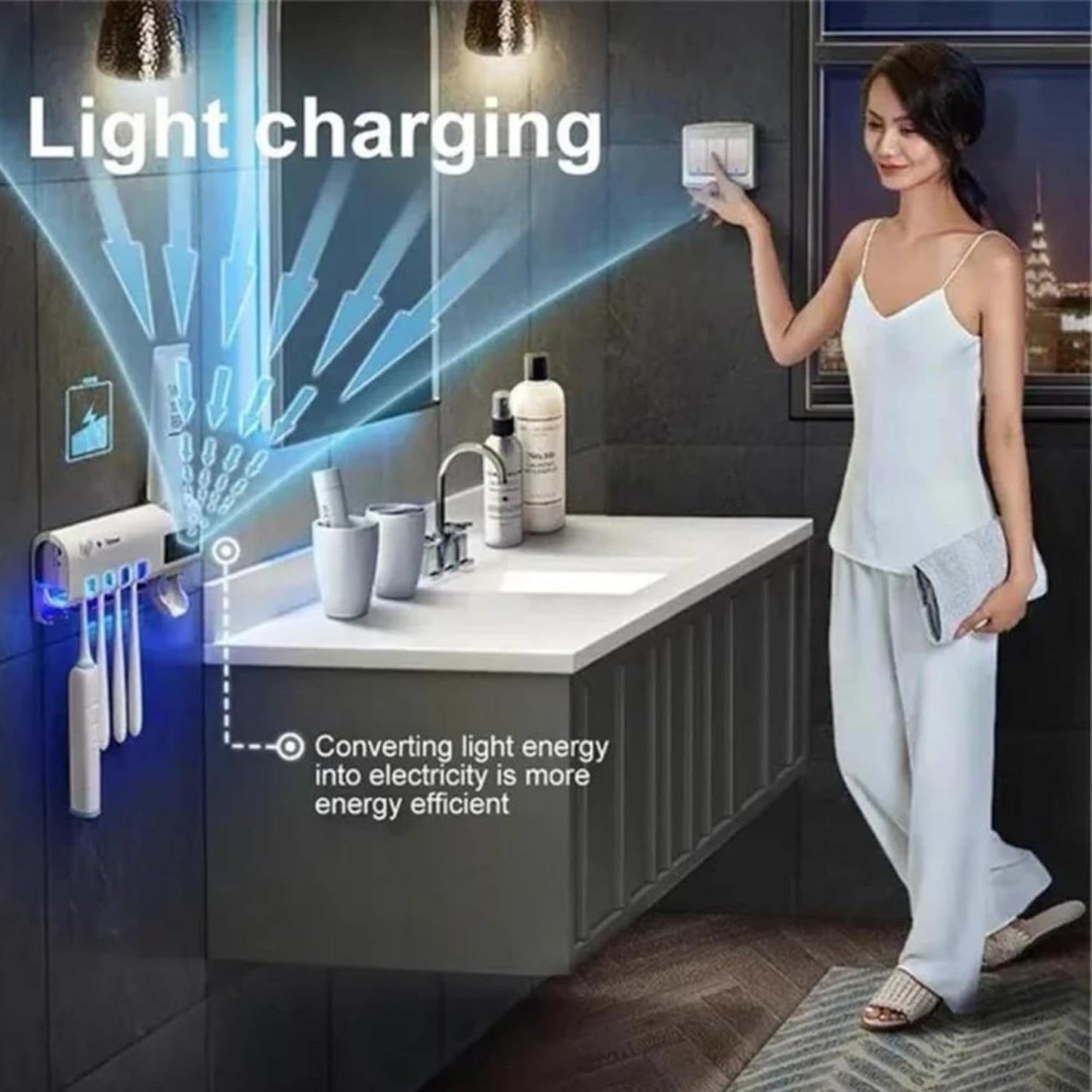 1pc UV Toothbrush Holder & Sterilizer – Wall-Mounted, 4 Slots, Smart Toothbrush Sanitizer with Toothpaste Dispenser, No-Drill Bathroom Accessory Kit