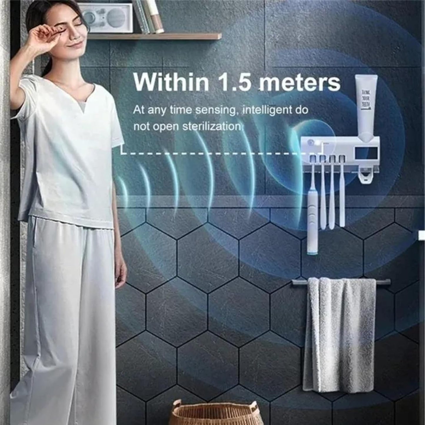 1pc UV Toothbrush Holder & Sterilizer – Wall-Mounted, 4 Slots, Smart Toothbrush Sanitizer with Toothpaste Dispenser, No-Drill Bathroom Accessory Kit