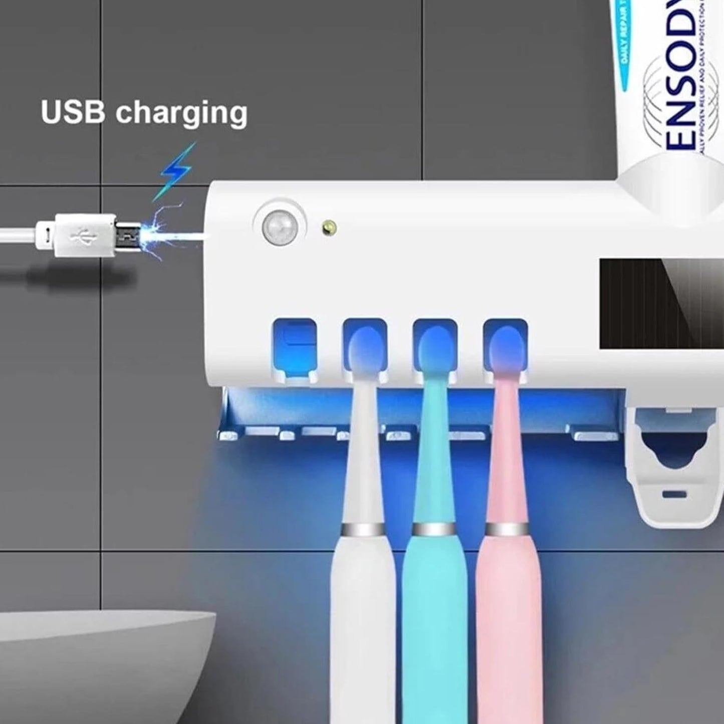 1pc UV Toothbrush Holder & Sterilizer – Wall-Mounted, 4 Slots, Smart Toothbrush Sanitizer with Toothpaste Dispenser, No-Drill Bathroom Accessory Kit