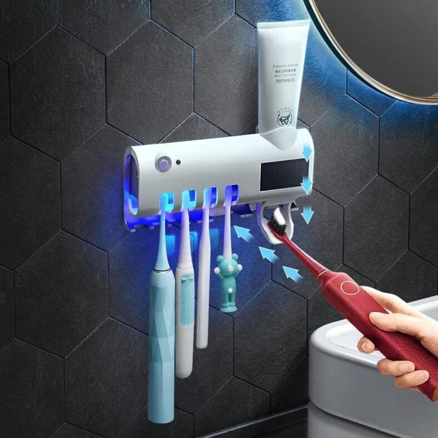 1pc UV Toothbrush Holder & Sterilizer – Wall-Mounted, 4 Slots, Smart Toothbrush Sanitizer with Toothpaste Dispenser, No-Drill Bathroom Accessory Kit